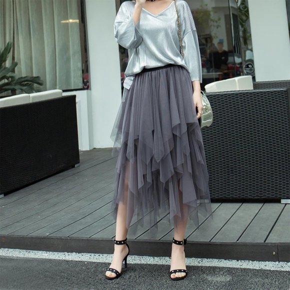 Tulle Women Midi Long Fairy A-Line Mesh Layer Elastic Waist Halloween Skirt - Picture 2 of 6